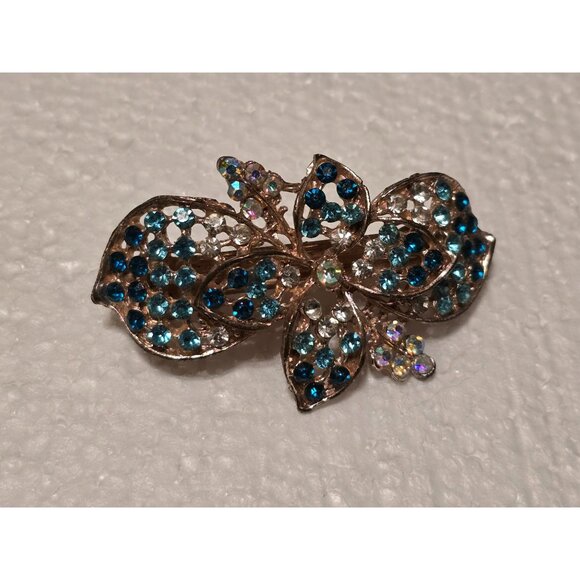 Gold-Tone Rhinestone Butterfly Hair Clip Barrette With Blue & Clear Crystals - Picture 1 of 3